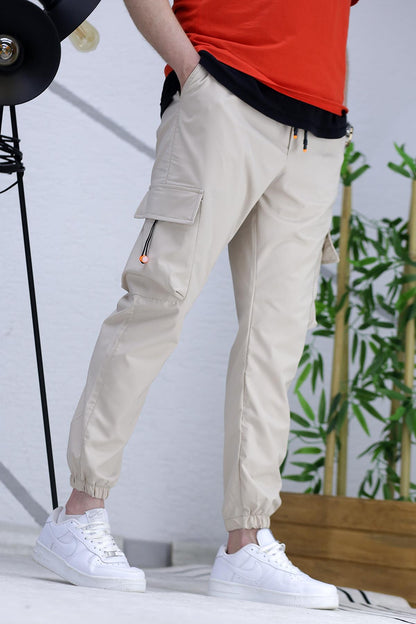 Erkek Jogger Paçası Lastikli Kargo Pantalon Xxx (DAR KESİM) - Bej