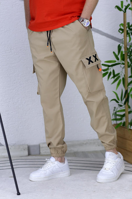 Erkek Jogger Paçası Lastikli Kargo Pantalon Xxx (DAR KESİM) - Sütlü Kahve