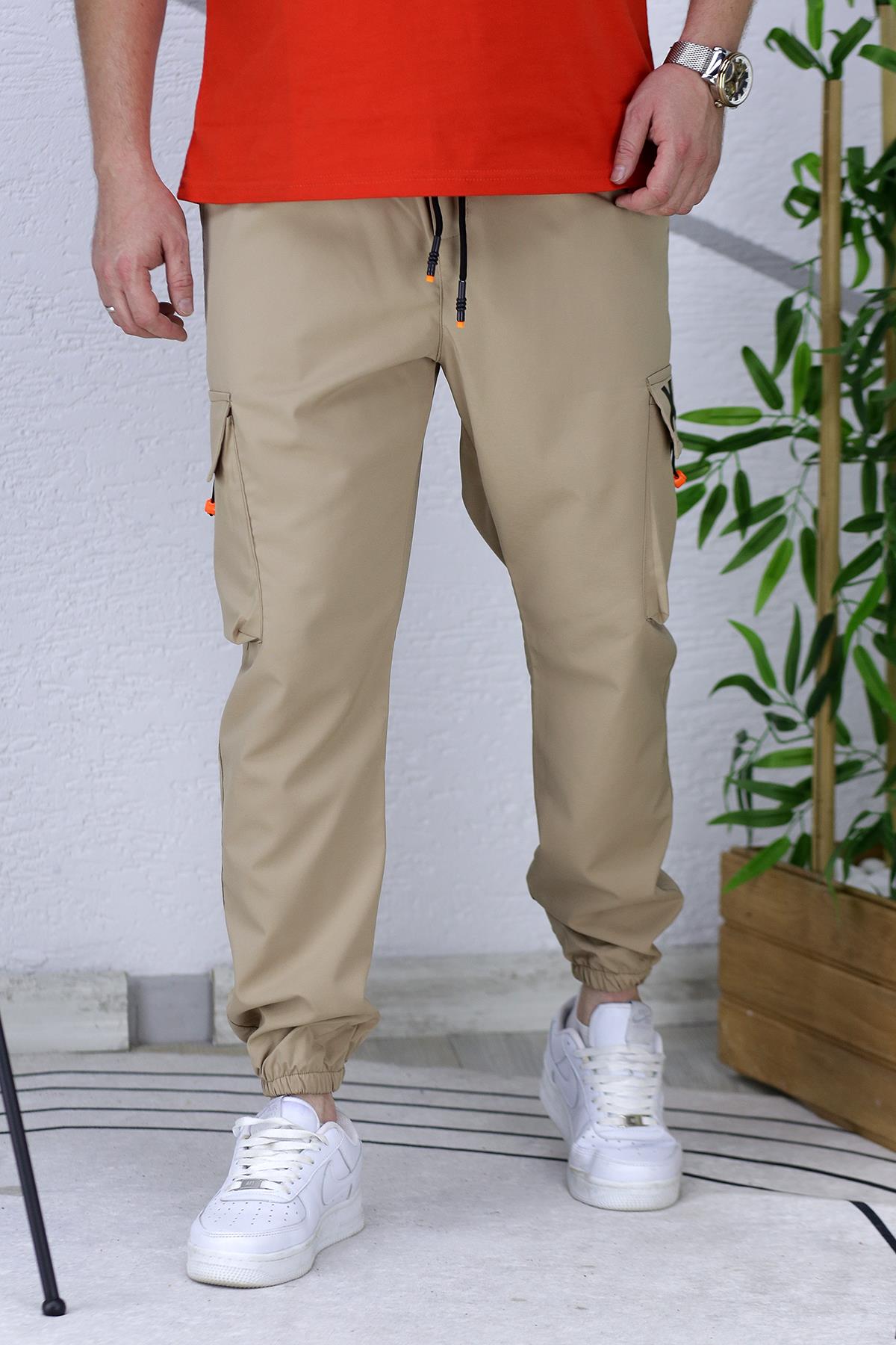Erkek Jogger Paçası Lastikli Kargo Pantalon Xxx (DAR KESİM) - Sütlü Kahve