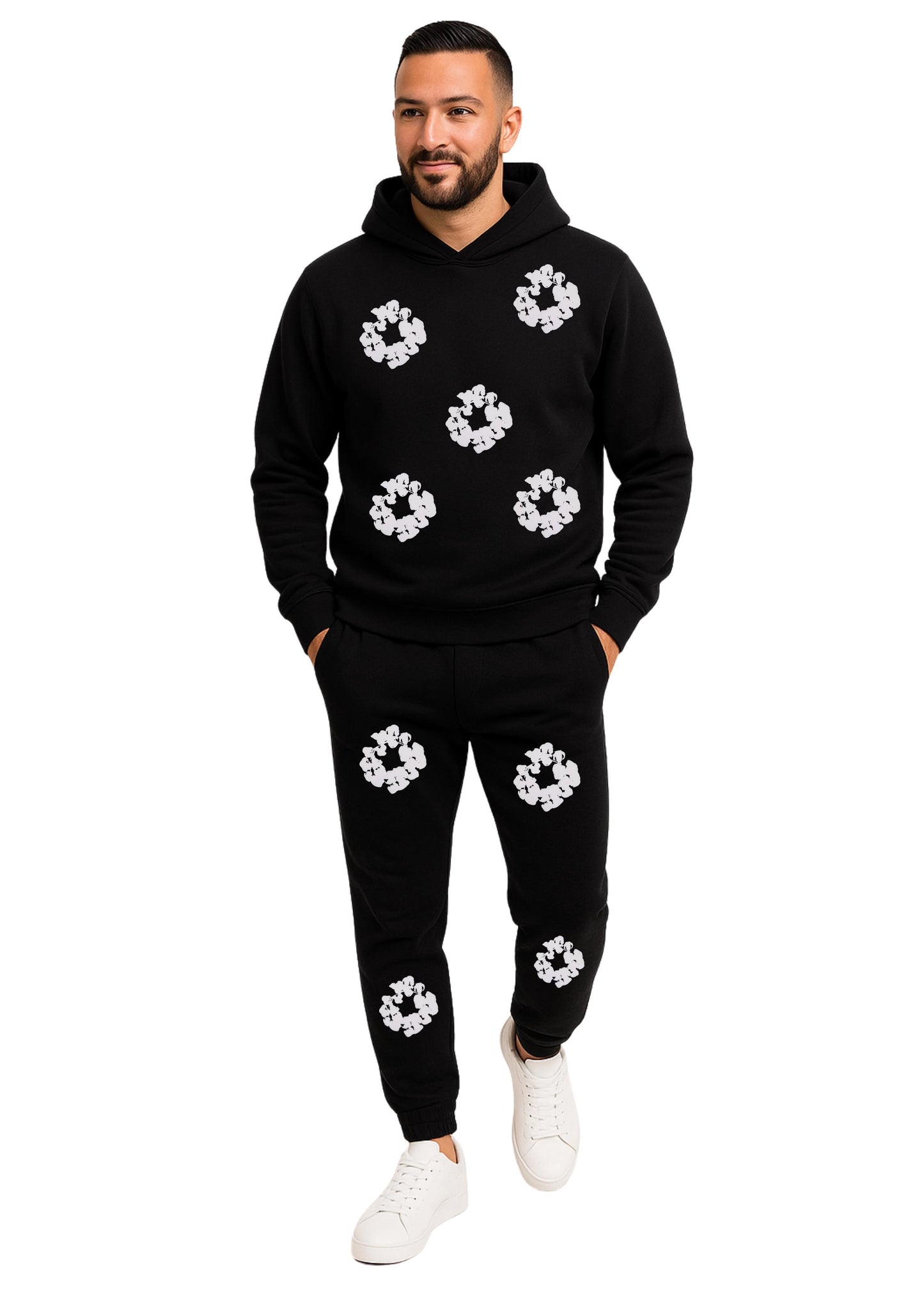 Erkek Kapşonlu 2 İplik Şardonlu  Paça Lastikli Eşofman Takımı - Beyaz