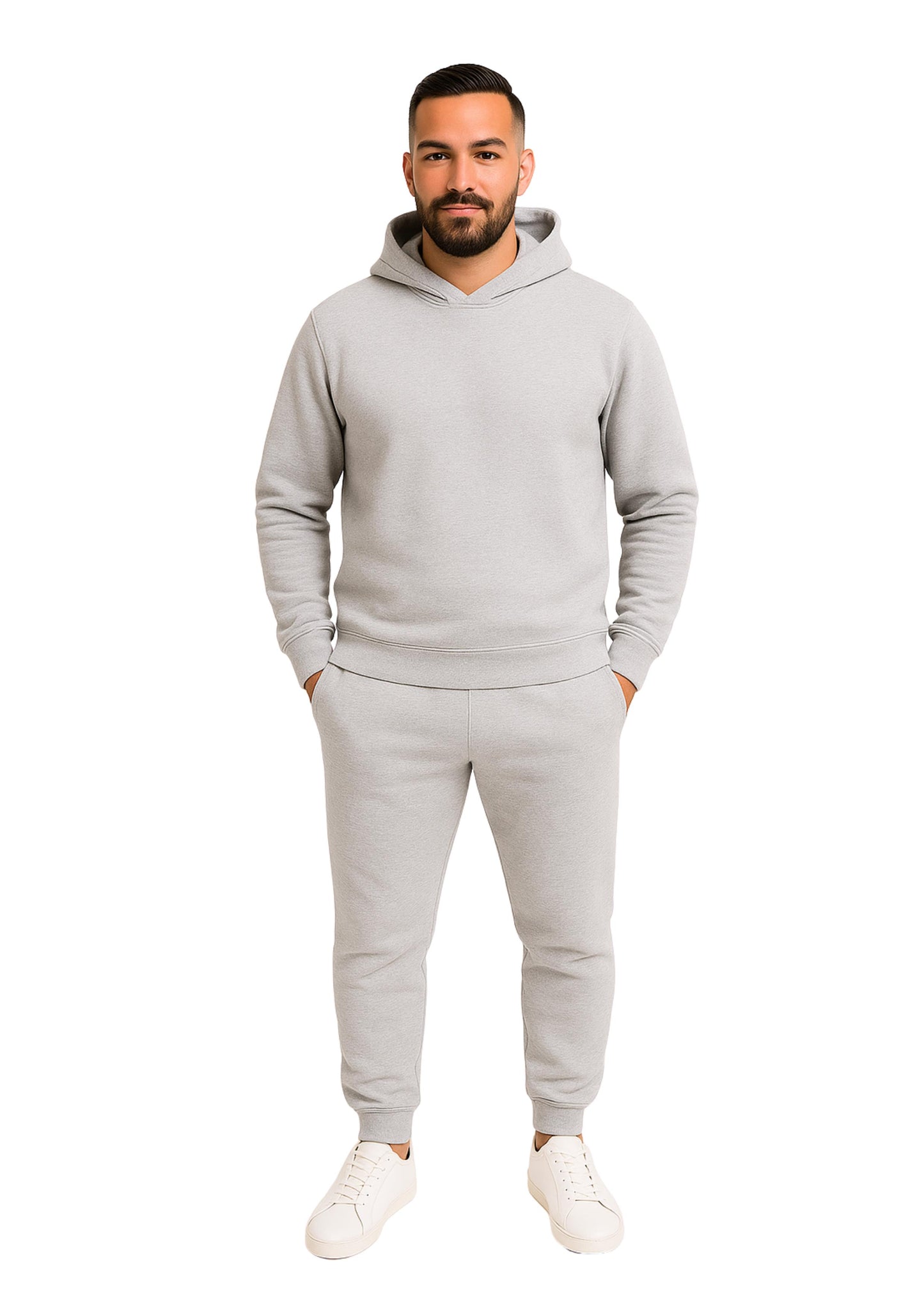 Erkek Kapşonlu 2 İplik Şardonlu  Paça Lastikli Eşofman Takımı - Gümüş