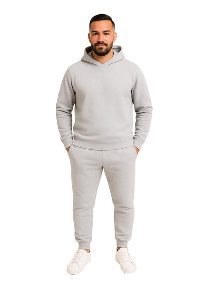 Erkek Kapşonlu 2 İplik Şardonlu  Paça Lastikli Eşofman Takımı - Gümüş