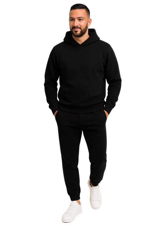 Erkek Kapşonlu 2 İplik Şardonlu  Paça Lastikli Eşofman Takımı - Siyah