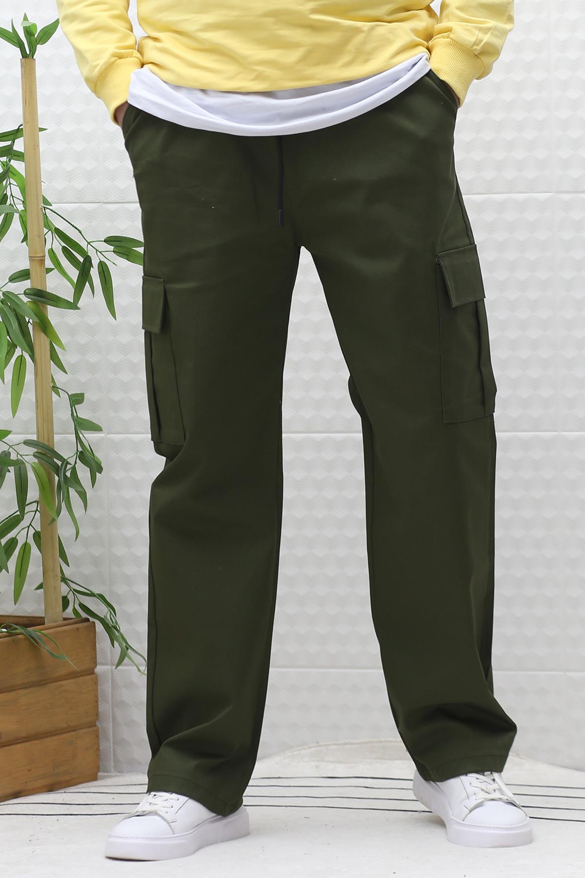 Erkek Kargo Cepli Baggy Gabardin Pantalon - Haki Yeşil
