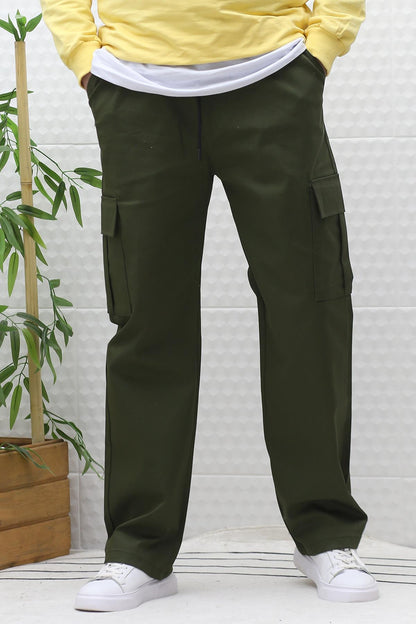 Erkek Kargo Cepli Baggy Gabardin Pantalon - Haki Yeşil