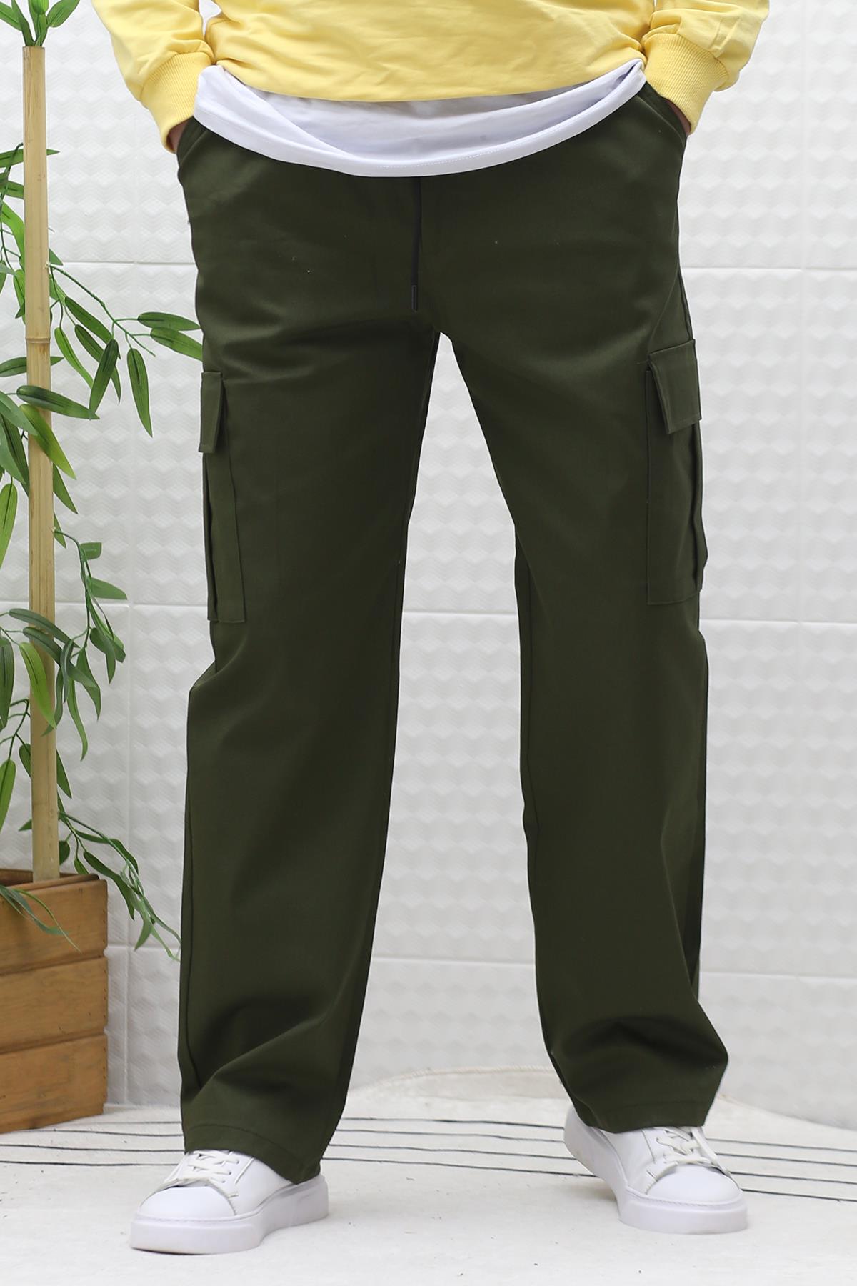 Erkek Kargo Cepli Baggy Gabardin Pantalon - Haki Yeşil