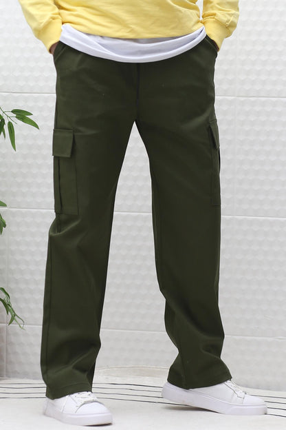 Erkek Kargo Cepli Baggy Gabardin Pantalon - Haki Yeşil