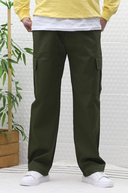 Erkek Kargo Cepli Baggy Gabardin Pantalon - Haki Yeşil