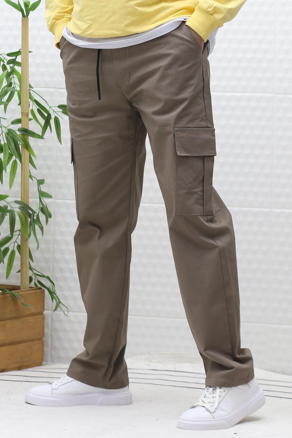 Erkek Kargo Cepli Baggy Gabardin Pantalon - Açık Kahve