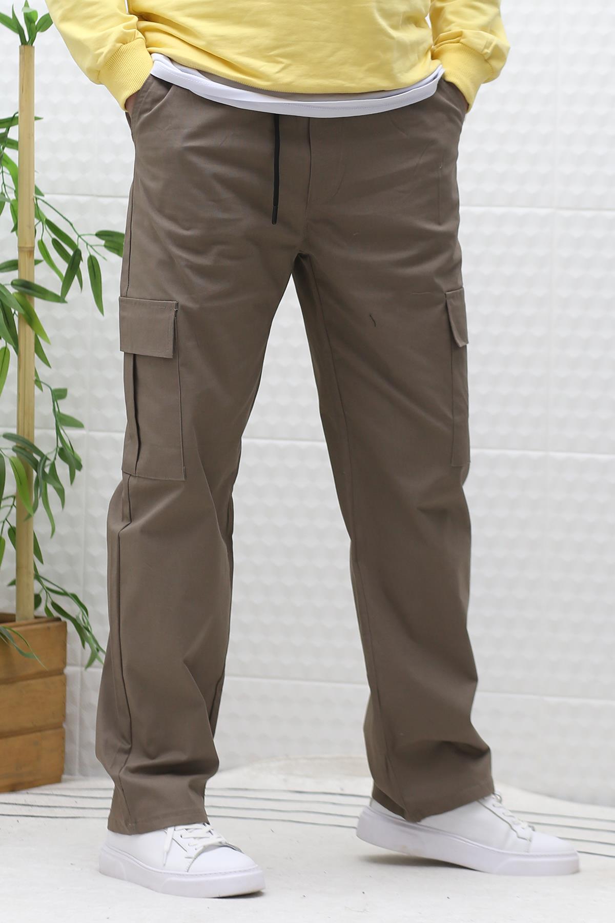 Erkek Kargo Cepli Baggy Gabardin Pantalon - Açık Kahve