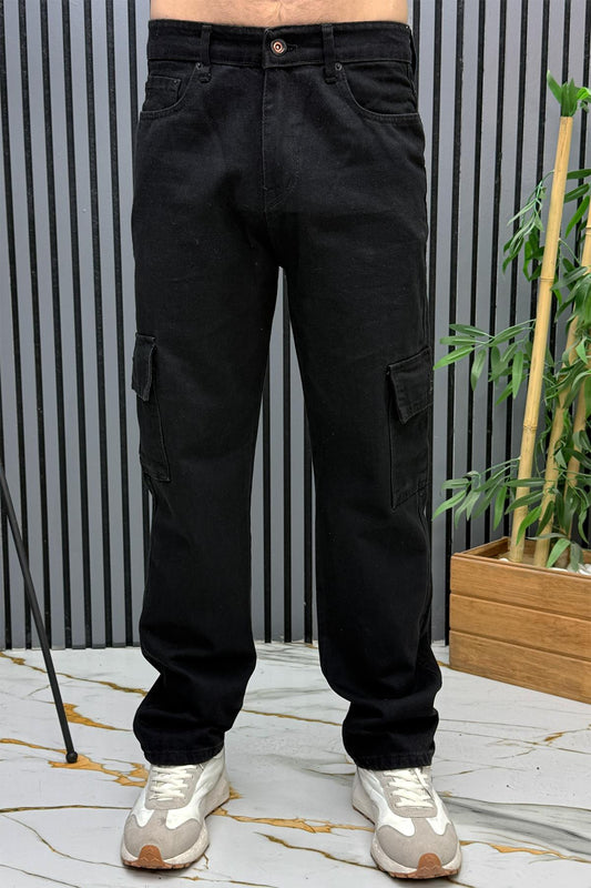 Erkek Kargo Cepli Baggy Kot Pantalon - Siyah