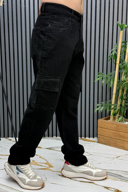 Erkek Kargo Cepli Baggy Kot Pantalon - Siyah
