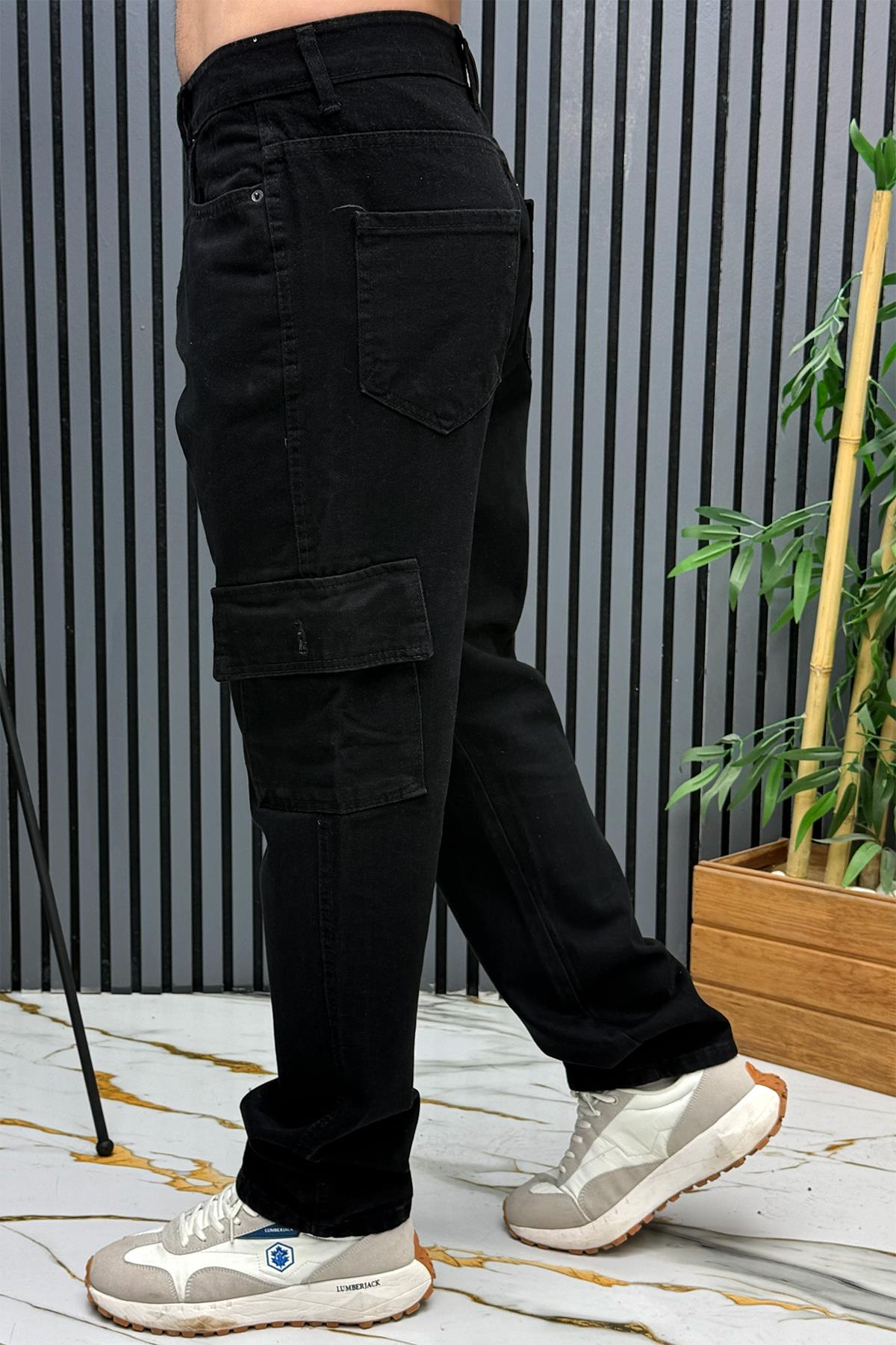Erkek Kargo Cepli Baggy Kot Pantalon - Siyah