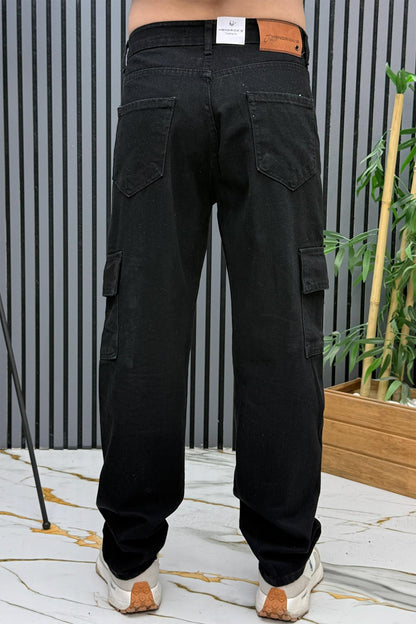 Erkek Kargo Cepli Baggy Kot Pantalon - Siyah