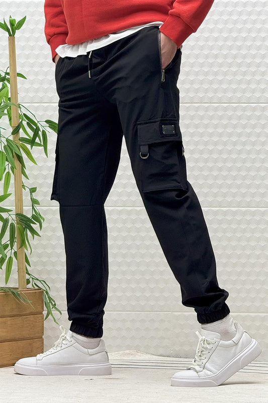 Erkek Kargo Cepli Fermuarlı Paraşüt Mevsimlik Jogger Pantolon - Siyah
