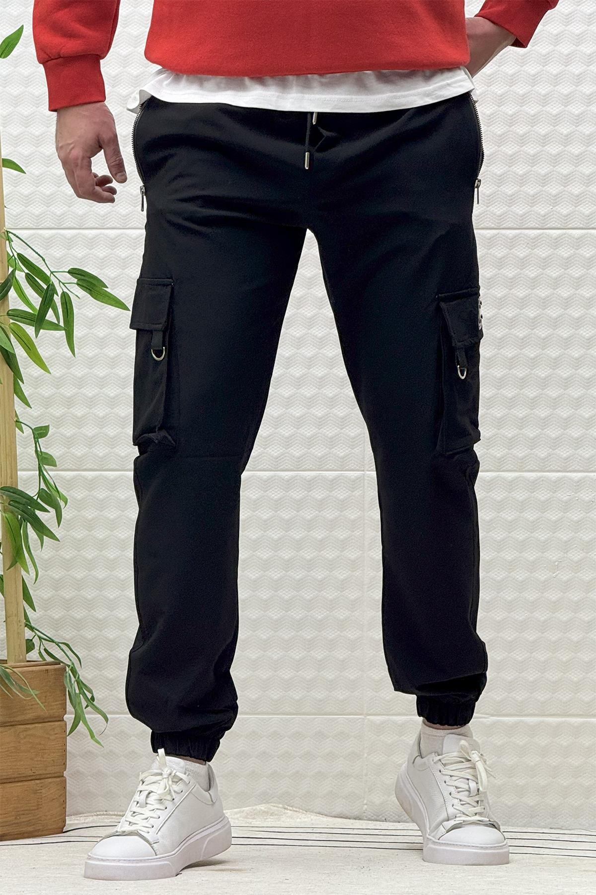 Erkek Kargo Cepli Fermuarlı Paraşüt Mevsimlik Jogger Pantolon - Siyah