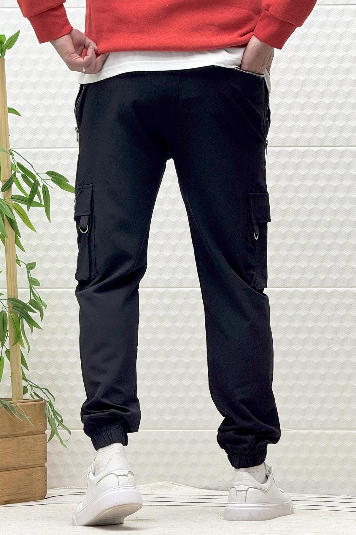 Erkek Kargo Cepli Fermuarlı Paraşüt Mevsimlik Jogger Pantolon - Siyah