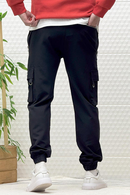Erkek Kargo Cepli Fermuarlı Paraşüt Mevsimlik Jogger Pantolon - Siyah