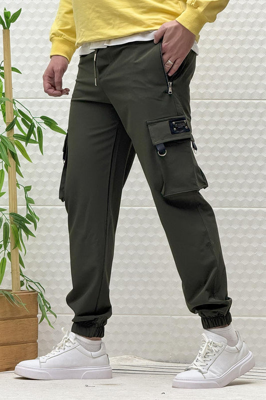 Erkek Kargo Cepli Fermuarlı Paraşüt Mevsimlik Jogger Pantolon - Haki Yeşil