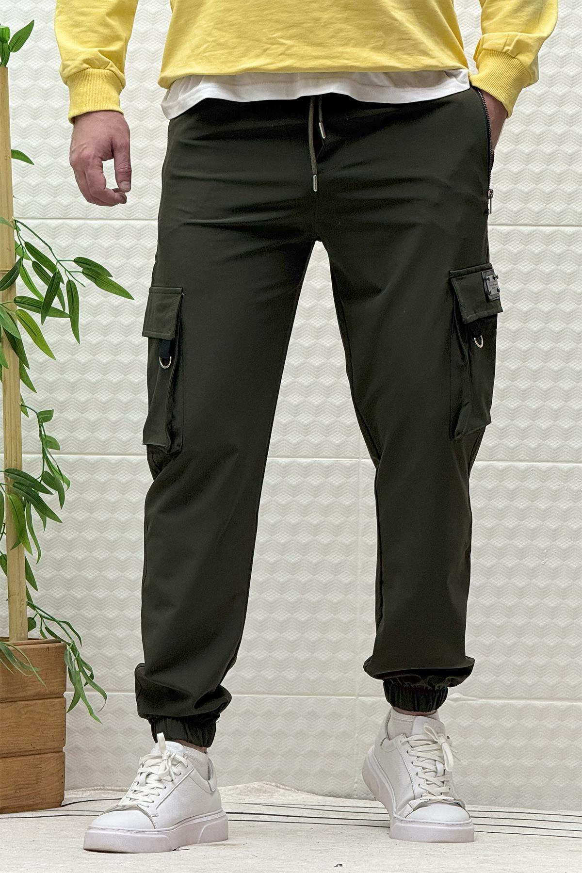 Erkek Kargo Cepli Fermuarlı Paraşüt Mevsimlik Jogger Pantolon - Haki Yeşil