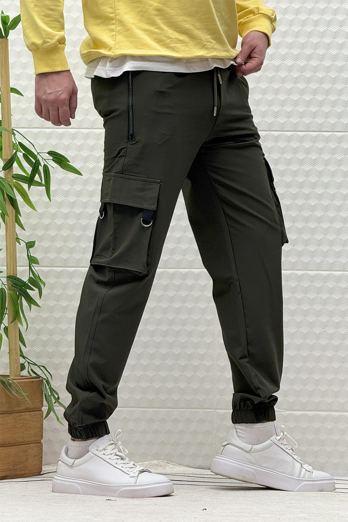 Erkek Kargo Cepli Fermuarlı Paraşüt Mevsimlik Jogger Pantolon - Haki Yeşil