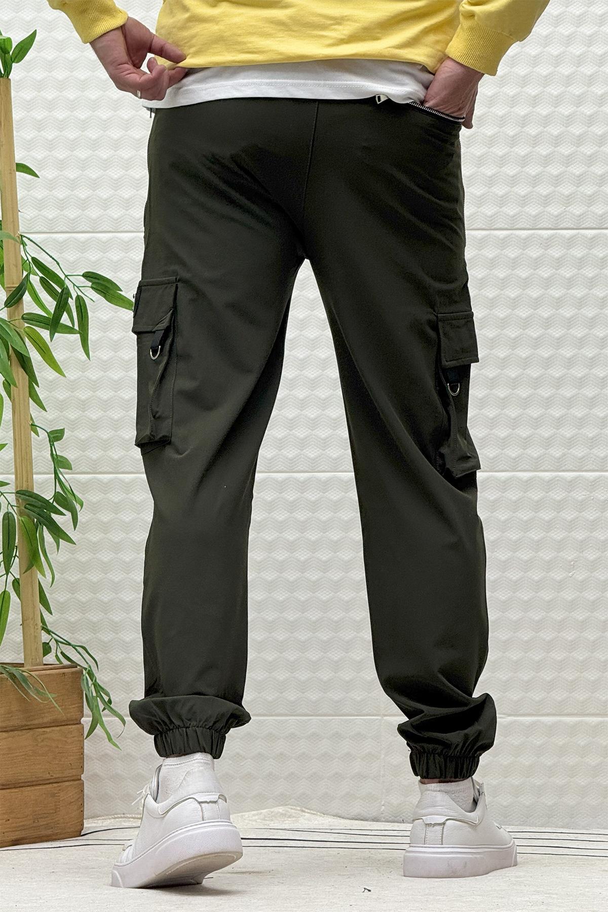 Erkek Kargo Cepli Fermuarlı Paraşüt Mevsimlik Jogger Pantolon - Haki Yeşil