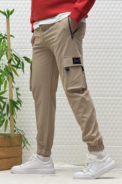 Erkek Kargo Cepli Fermuarlı Paraşüt Mevsimlik Jogger Pantolon - Vizon