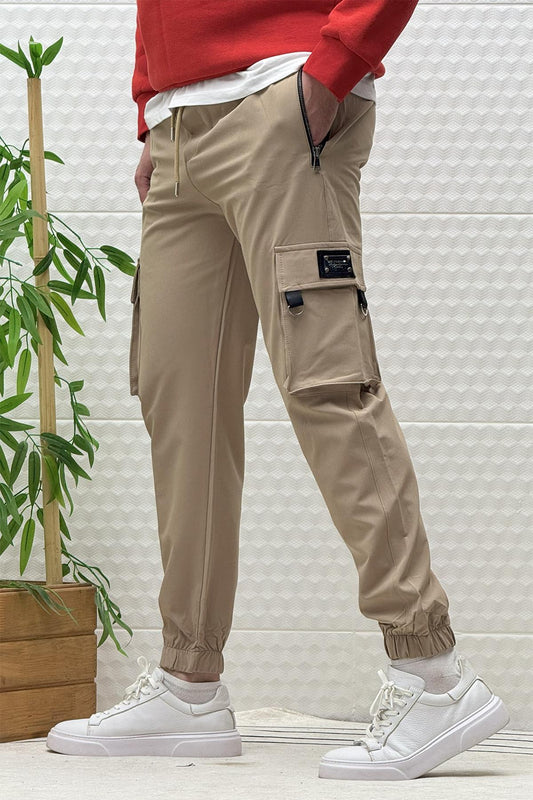 Erkek Kargo Cepli Fermuarlı Paraşüt Mevsimlik Jogger Pantolon - Vizon