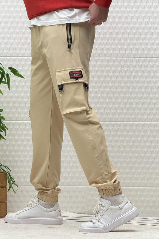 Erkek Kargo Cepli Fermuarlı Paraşüt Mevsimlik Jogger Pantolon - Bej