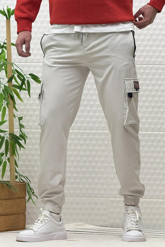 Erkek Kargo Cepli Fermuarlı Paraşüt Mevsimlik Jogger Pantolon - Açık Gri