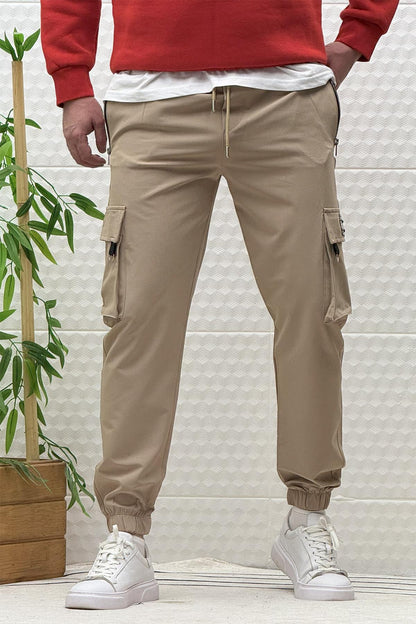 Erkek Kargo Cepli Fermuarlı Paraşüt Mevsimlik Jogger Pantolon - Vizon