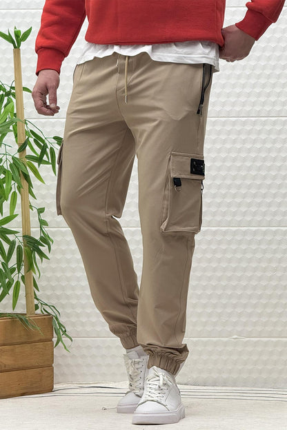 Erkek Kargo Cepli Fermuarlı Paraşüt Mevsimlik Jogger Pantolon - Vizon