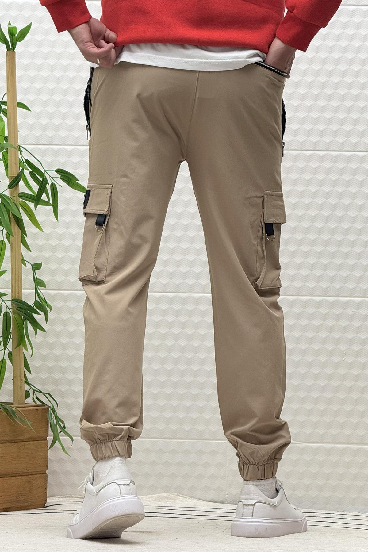 Erkek Kargo Cepli Fermuarlı Paraşüt Mevsimlik Jogger Pantolon - Vizon