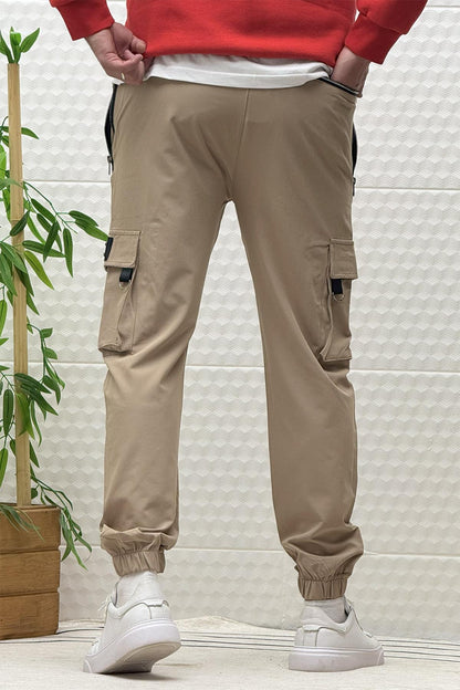 Erkek Kargo Cepli Fermuarlı Paraşüt Mevsimlik Jogger Pantolon - Vizon