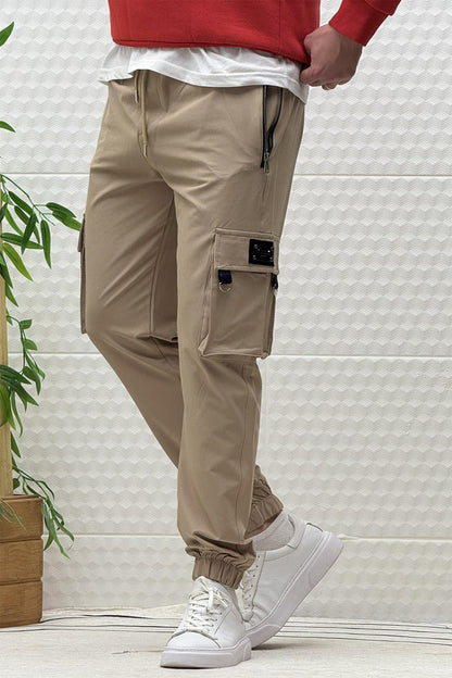 Erkek Kargo Cepli Fermuarlı Paraşüt Mevsimlik Jogger Pantolon - Vizon