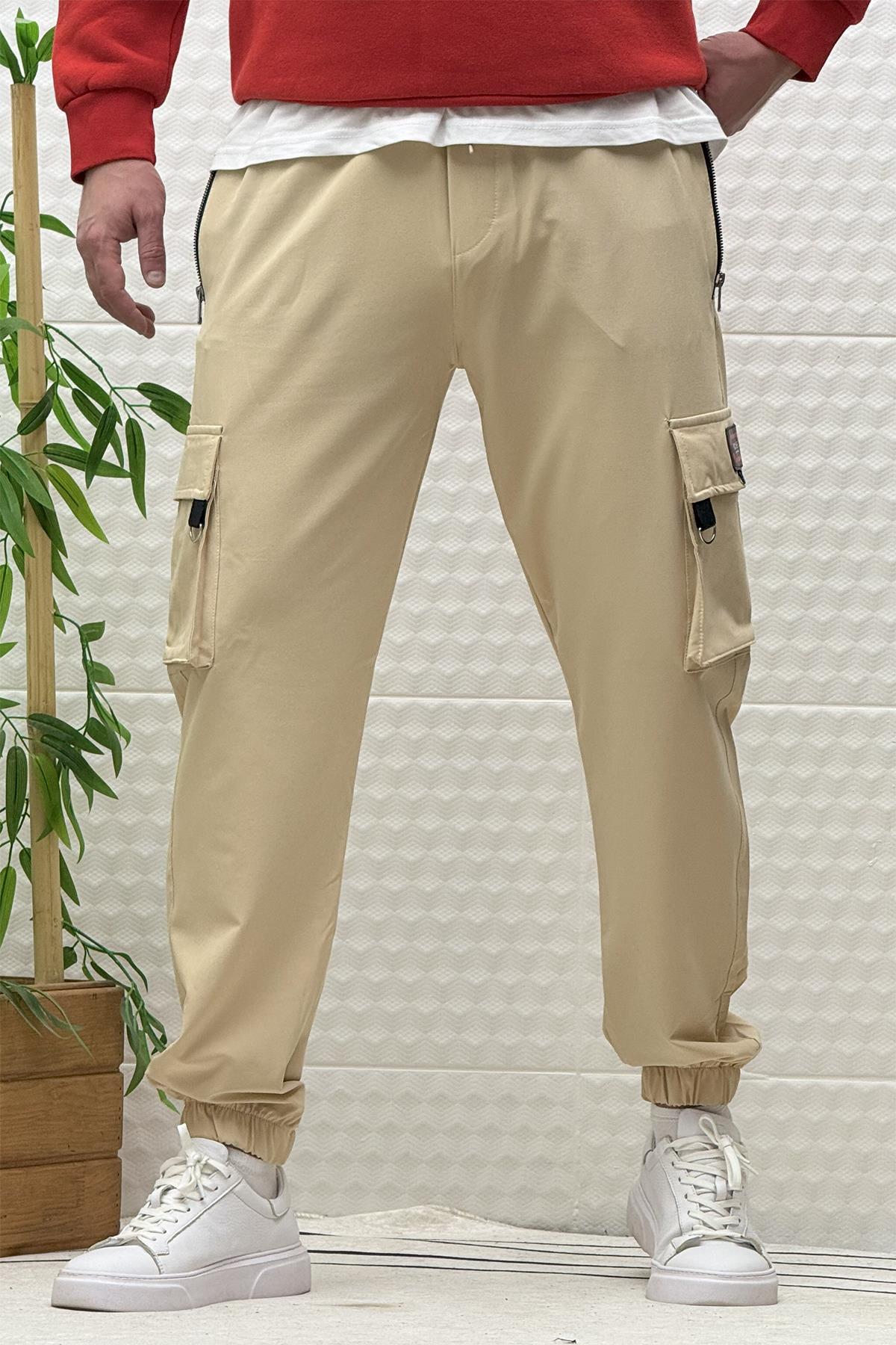 Erkek Kargo Cepli Fermuarlı Paraşüt Mevsimlik Jogger Pantolon - Bej