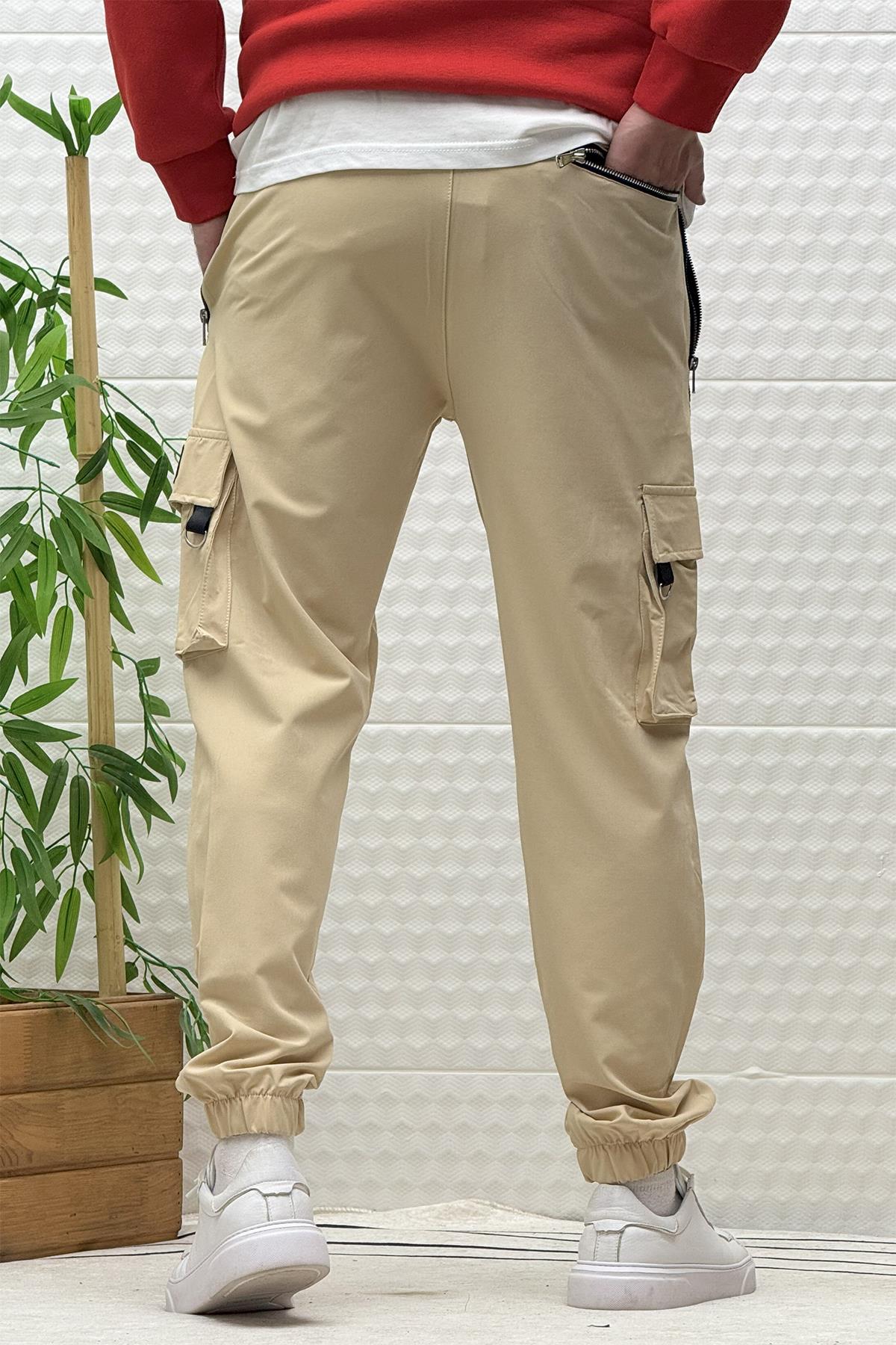Erkek Kargo Cepli Fermuarlı Paraşüt Mevsimlik Jogger Pantolon - Bej
