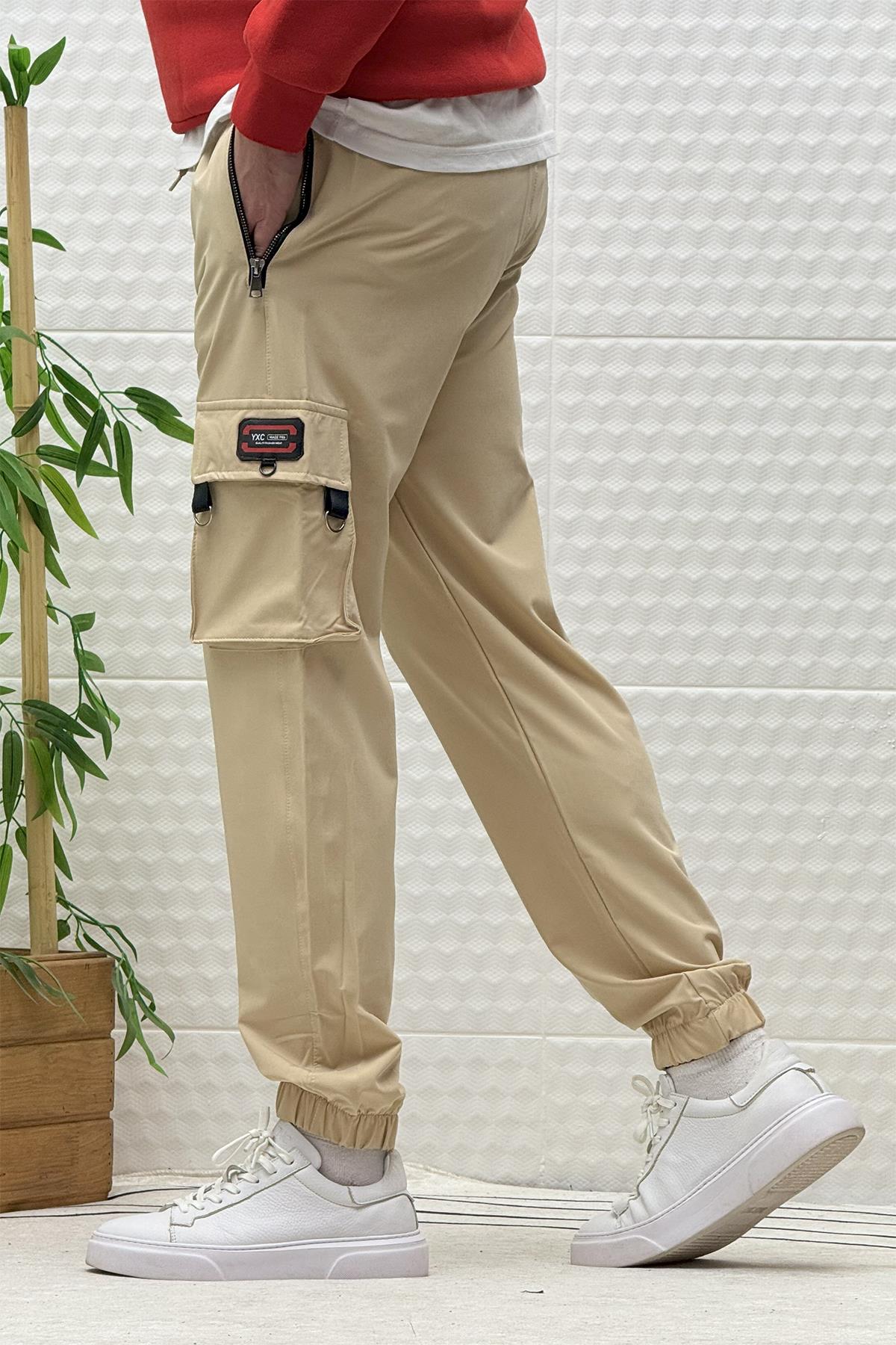 Erkek Kargo Cepli Fermuarlı Paraşüt Mevsimlik Jogger Pantolon - Bej