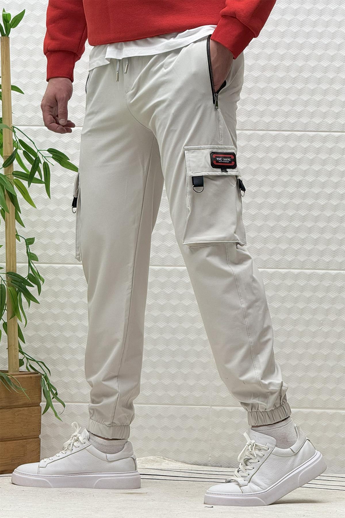 Erkek Kargo Cepli Fermuarlı Paraşüt Mevsimlik Jogger Pantolon - Açık Gri