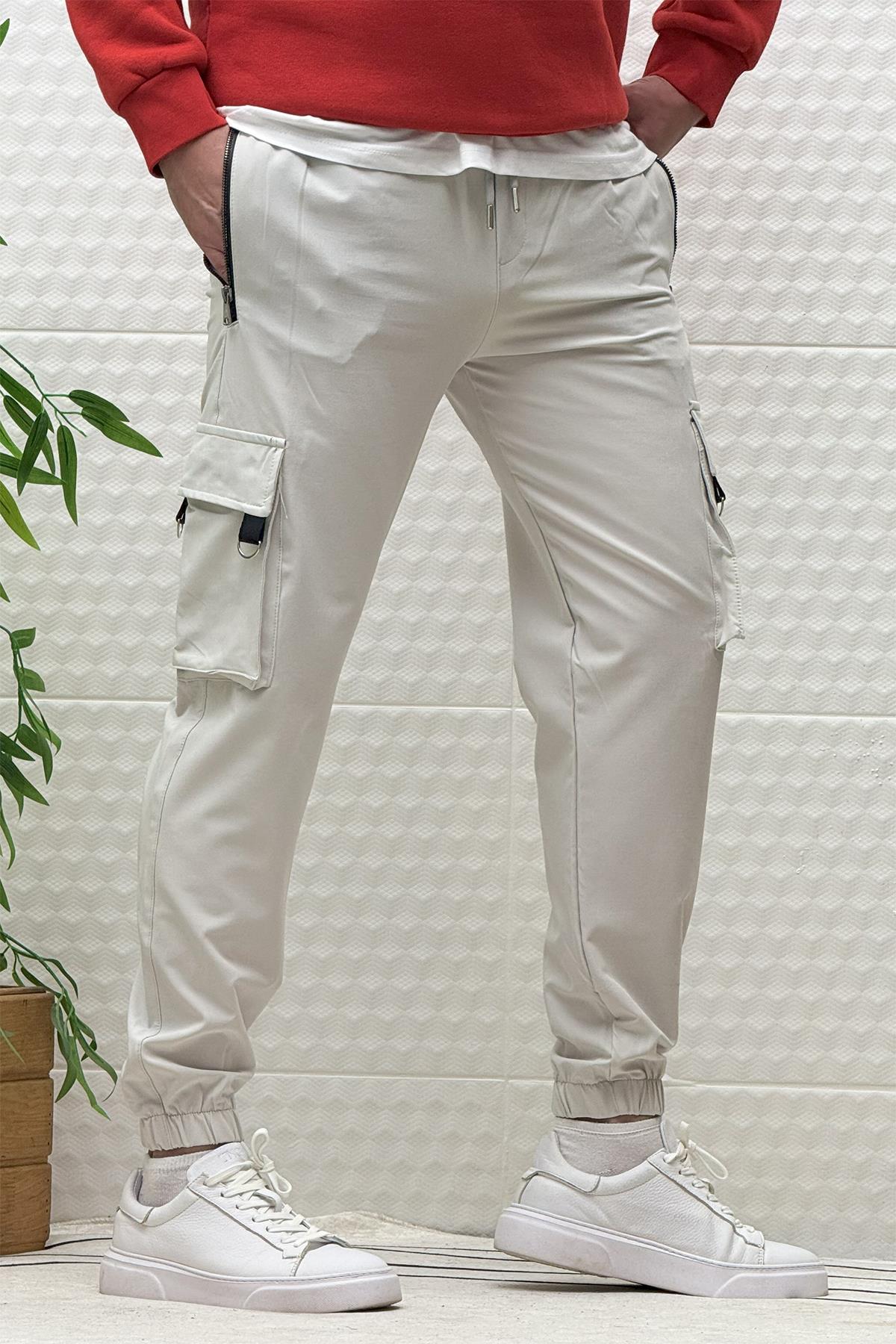 Erkek Kargo Cepli Fermuarlı Paraşüt Mevsimlik Jogger Pantolon - Açık Gri