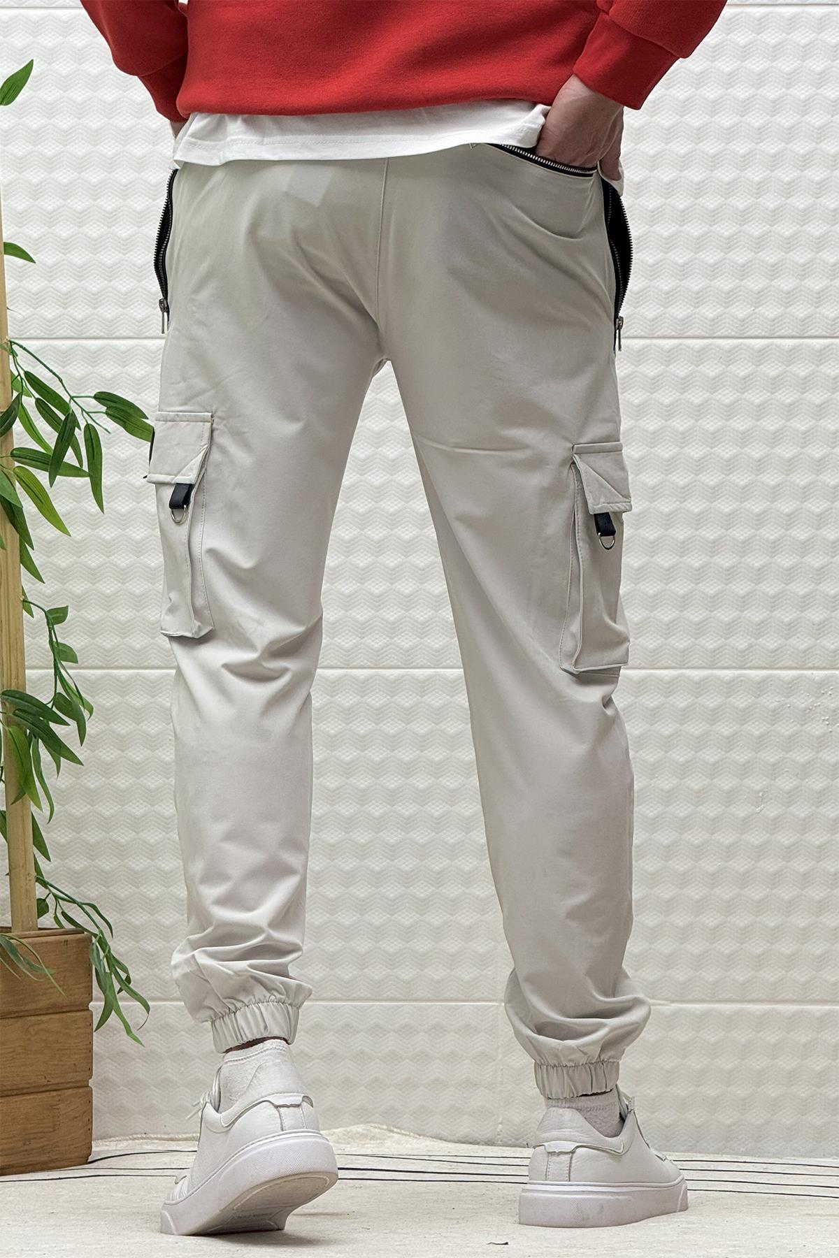 Erkek Kargo Cepli Fermuarlı Paraşüt Mevsimlik Jogger Pantolon - Açık Gri