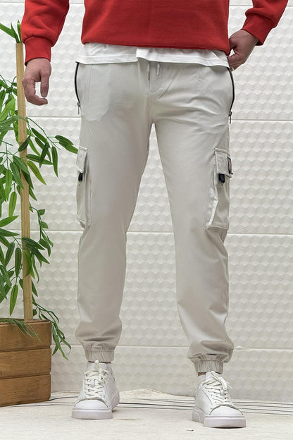 Erkek Kargo Cepli Fermuarlı Paraşüt Mevsimlik Jogger Pantolon - Açık Gri