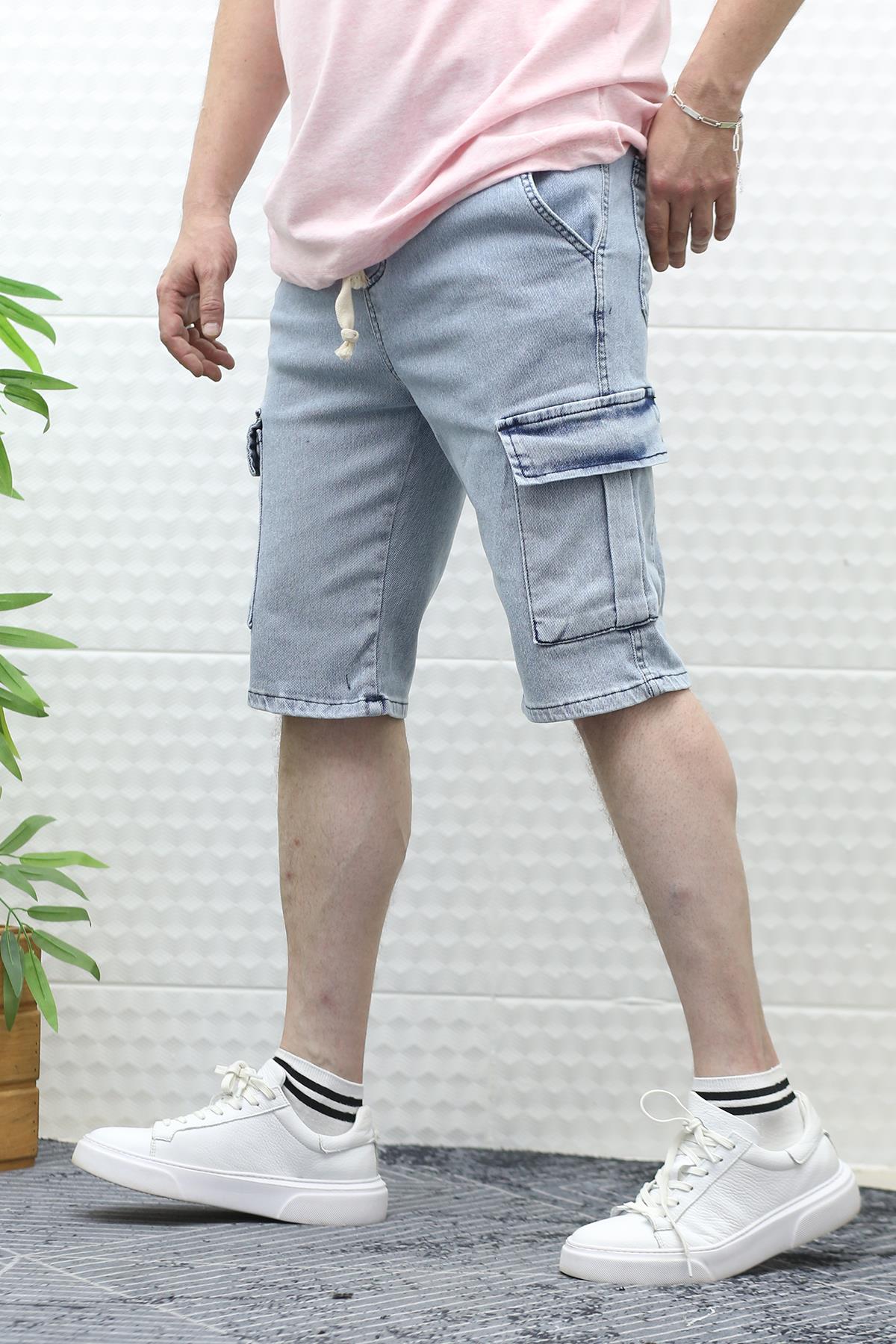 Erkek Kargo Cepli Kot Şort - Buz Mavi