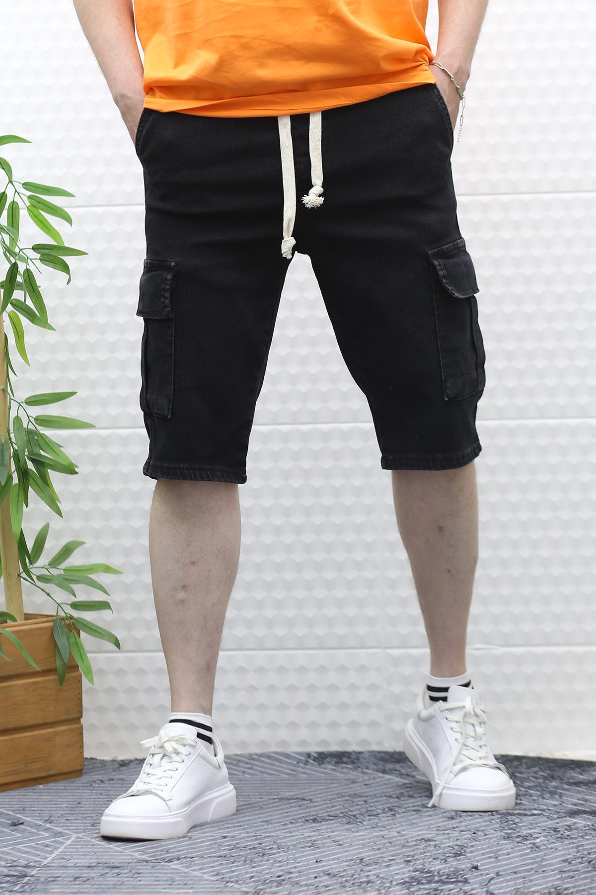 Erkek Kargo Cepli Kot Şort - Siyah