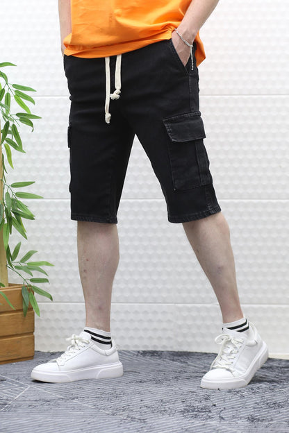 Erkek Kargo Cepli Kot Şort - Siyah