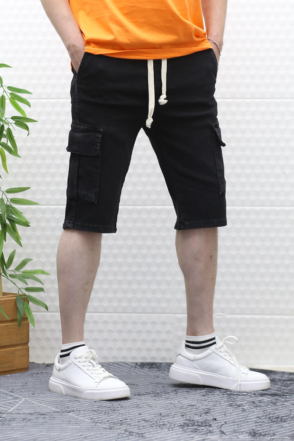 Erkek Kargo Cepli Kot Şort - Siyah