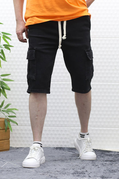 Erkek Kargo Cepli Kot Şort - Siyah