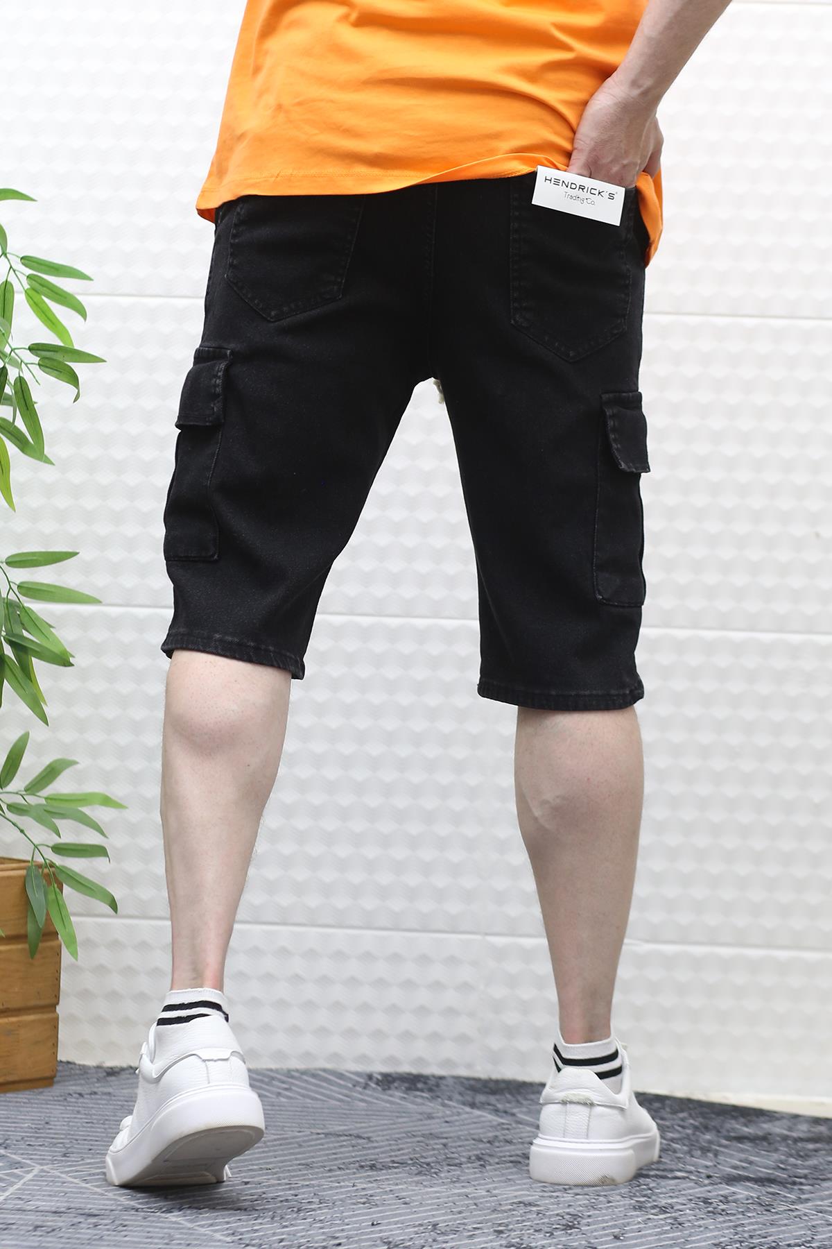 Erkek Kargo Cepli Kot Şort - Siyah