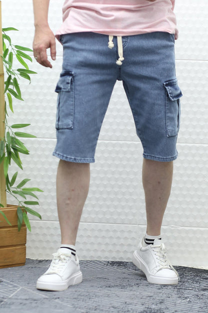 Erkek Kargo Cepli Kot Şort - Mavi