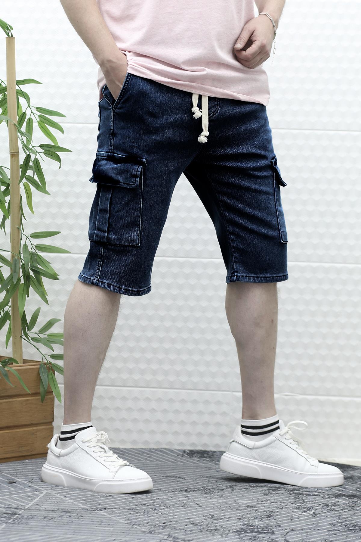 Erkek Kargo Cepli Kot Şort - Mavi